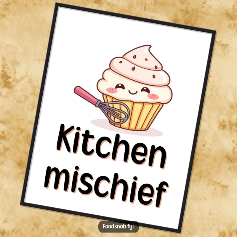 Funny poster art of a giggling cupcake character hiding behind a whisk, bringing humorous sweetness and playful charm to any wall.