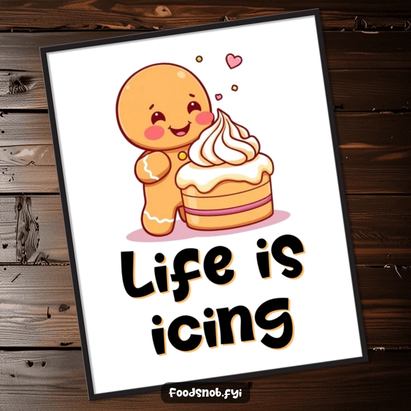 Funny poster featuring a gleeful gingerbread man character meticulously sprinkling icing onto a tiny cake, a celebration of holiday baking.