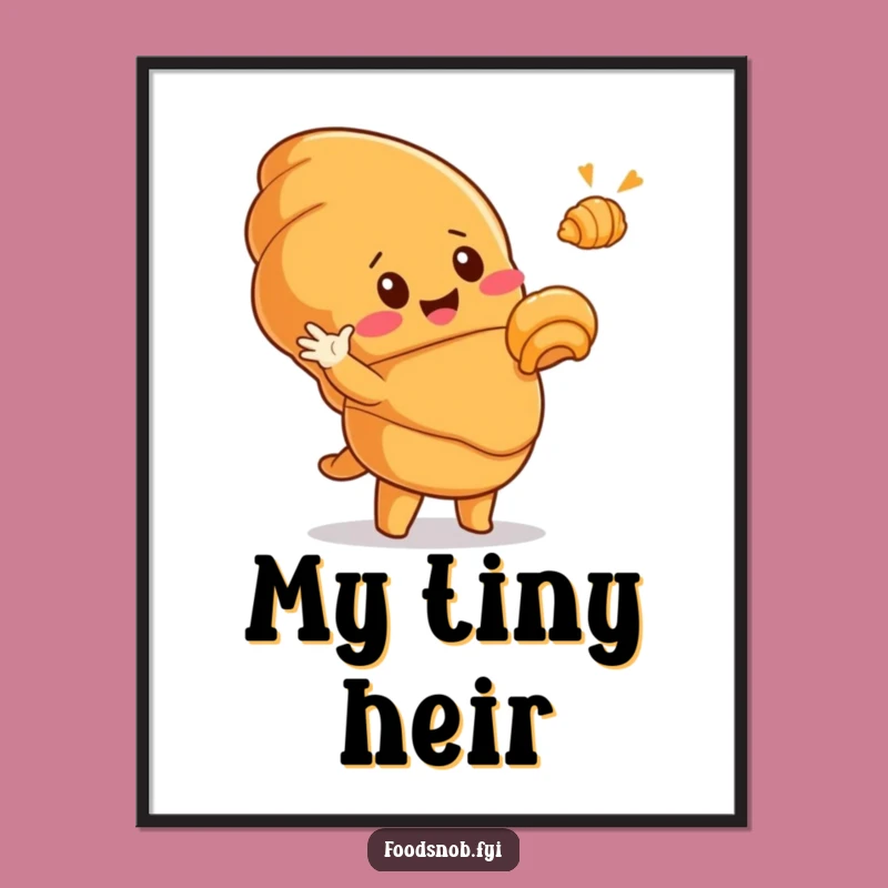 Funny Croissant Art Poster: Cute Pastry Character Hilariously Gestures to Tiny Golden Croissant