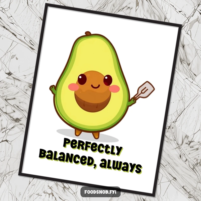 Funny poster featuring a grinning avocado character balancing its pit on a miniature spatula, a delightful piece of food-themed art.