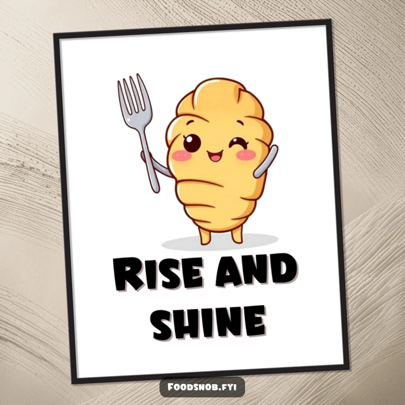 Funny Poster of a cheerful croissant character holding a tiny fork aloft with pride. A celebration of baking.