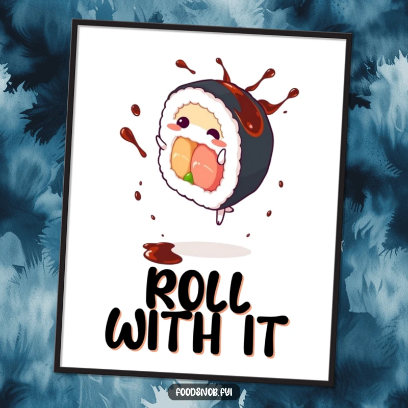 Funny Sushi Roll Poster: An action-packed sushi roll cartwheeling with soy sauce splattering, adding humor and dynamism to wall decor.
