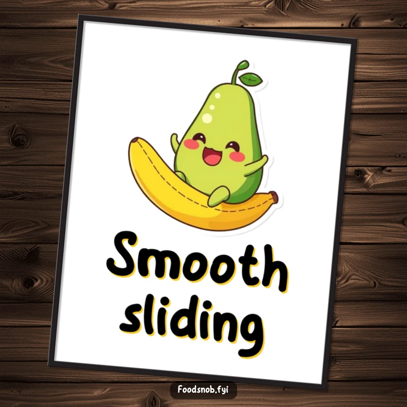 Funny Avocado Poster: Whimsical artwork of an avocado character sliding down a banana peel, ideal for quirky kitchen decor.