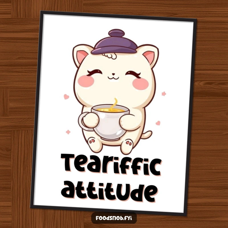 Funny smiling boba tea character slyly winking while holding a miniature teacup, presented as a charming poster.