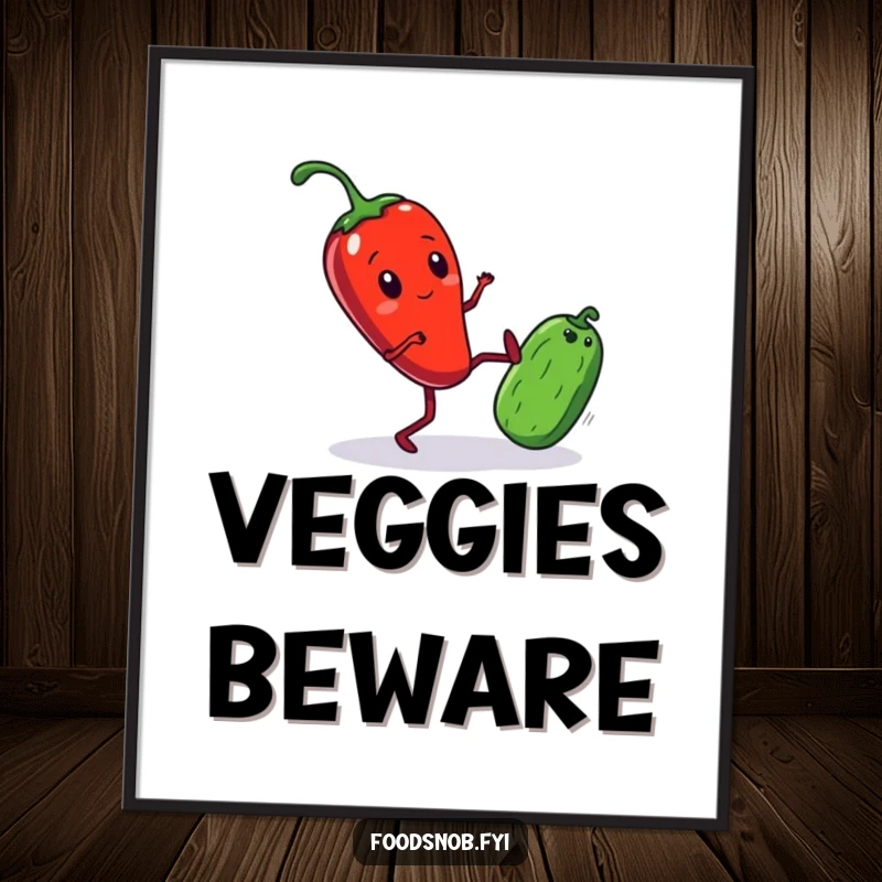 Funny Poster artwork of a vibrant red chili pepper with tiny legs comically kicking a small cucumber, depicting a humorous food battle.