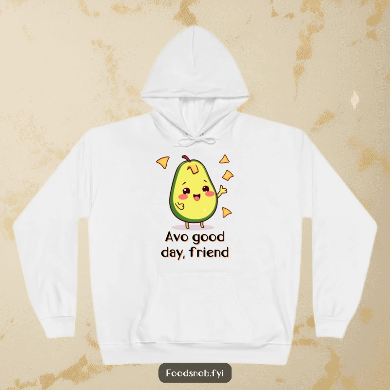 Funny Avocado Hoodie: A cheeky avocado juggles tiny tortilla chips with a joyful and determined expression.