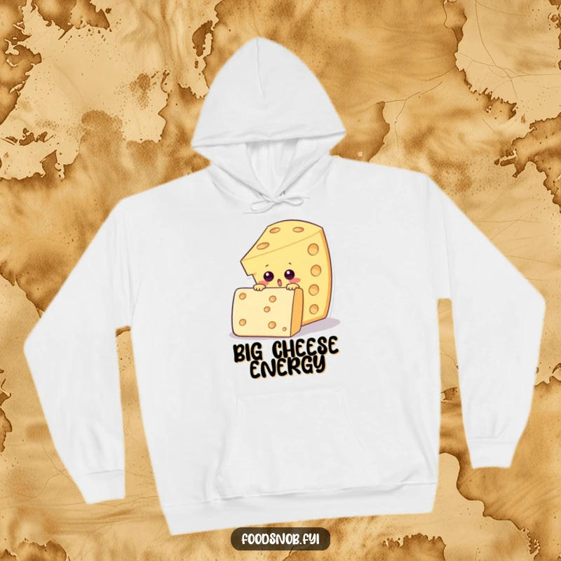 Funny hoodie featuring a surprised cheese wedge character peeking over an enormous fancy cracker, perfect for cozy snack sessions.