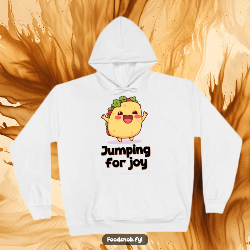Funny hoodie showcasing an excited taco doing a playful little hop upwards, offering cozy warmth and a dash of food-themed humor.