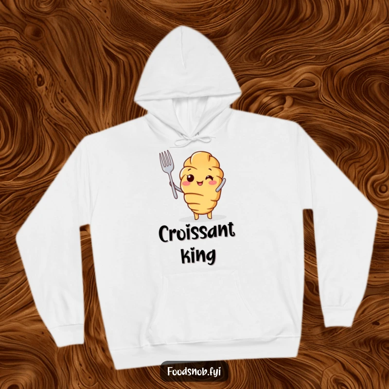 Funny Hoodie showcasing a cheerful croissant character holding a tiny fork aloft, embodying baking success.
