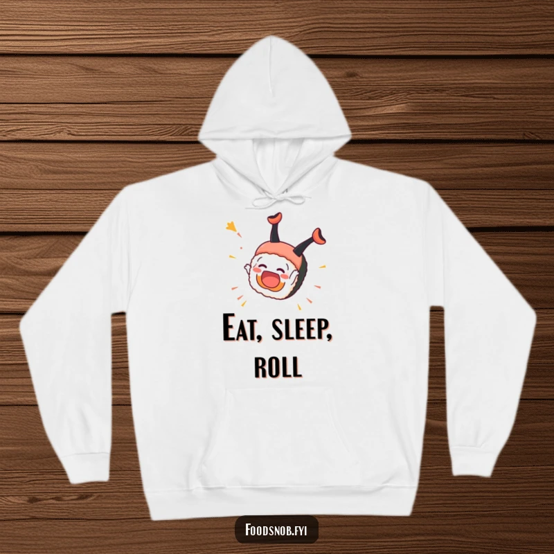 Funny Sushi Hoodie: An overjoyed sushi piece performs a dynamic somersault, radiating pure happiness and deliciousness.