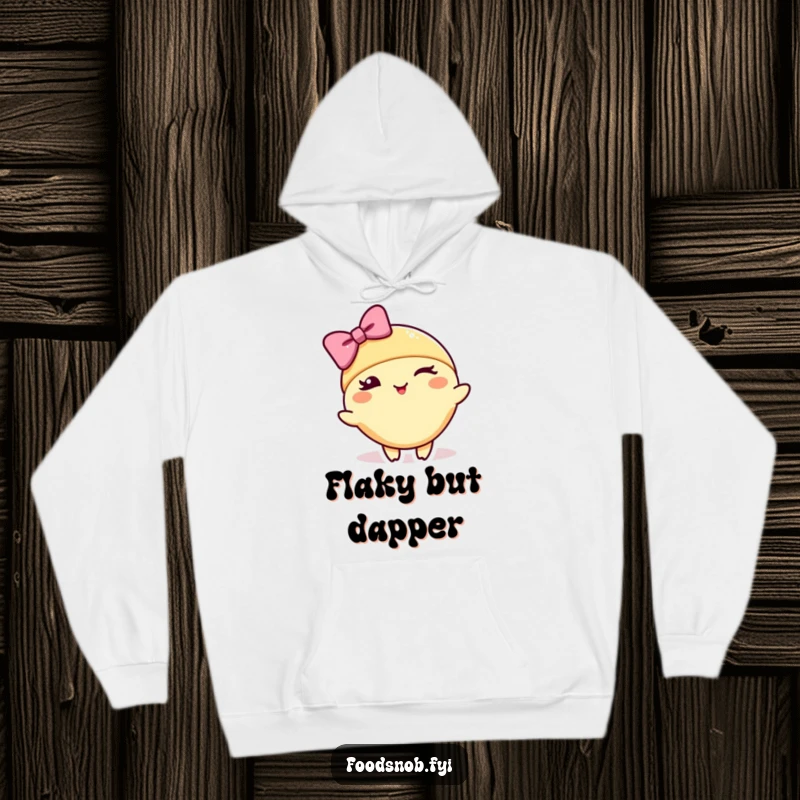 Funny hoodie design of a croissant character winking and bowing gracefully, offering cozy style and witty charm.