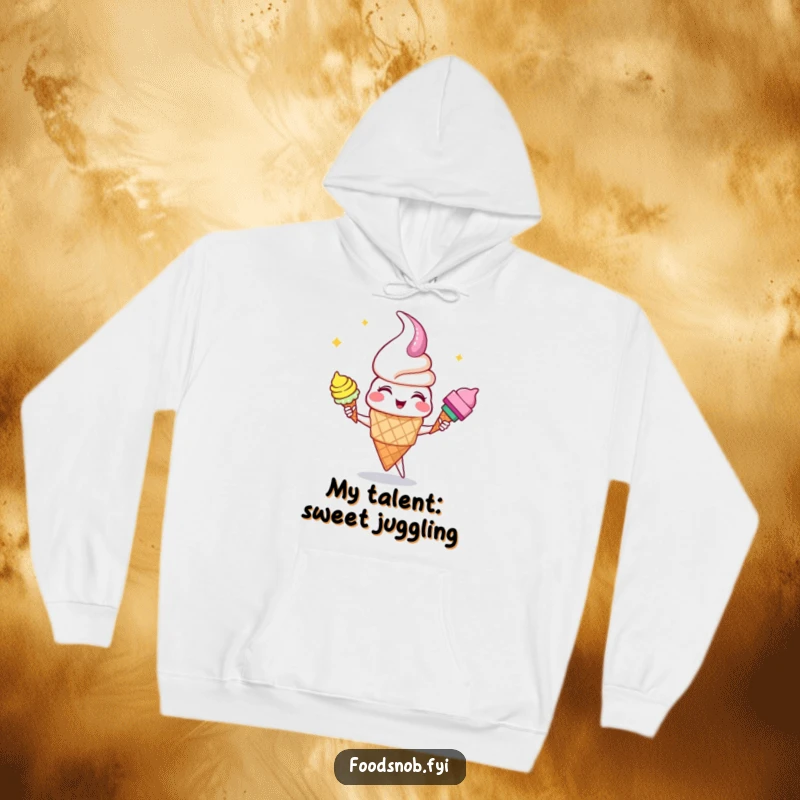 Funny giggling ice cream cone character juggling colorful cones, offering warmth and humor in a cozy hoodie.