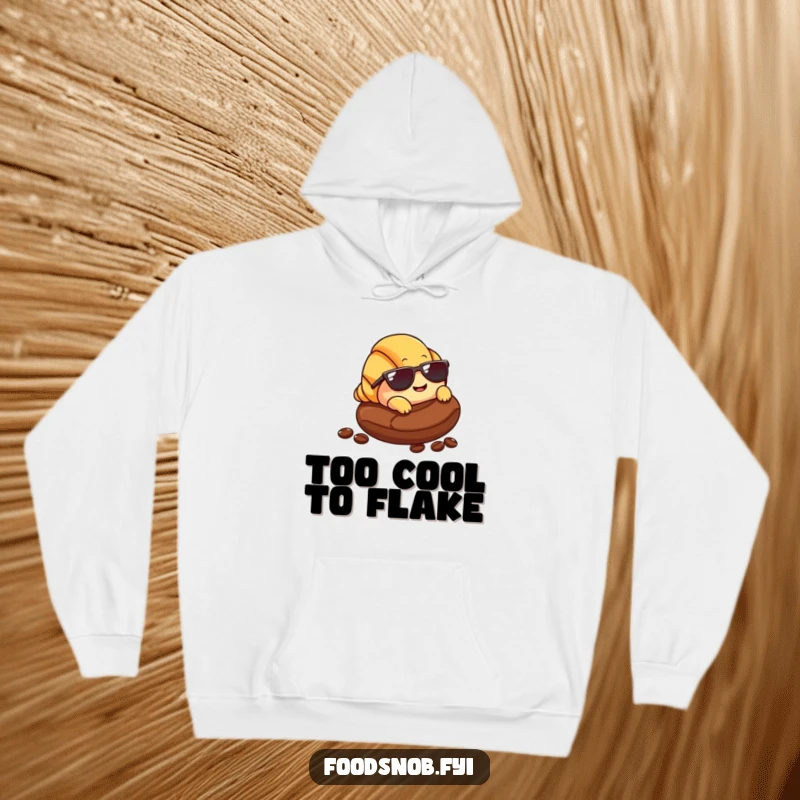 Funny Croissant Hoodie: A warm hoodie featuring a relaxed croissant character with tiny sunglasses, lounging contentedly on a coffee bean.