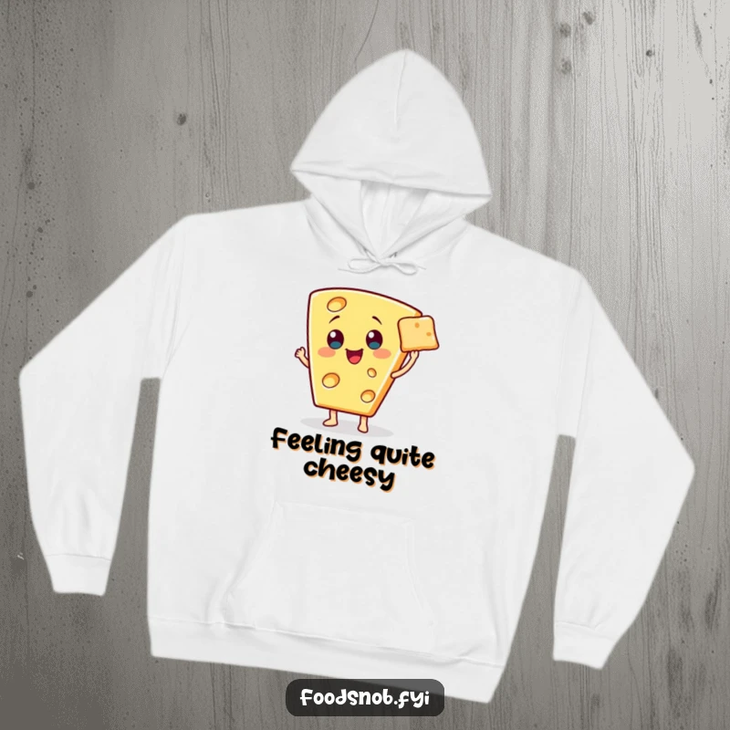 Funny hoodie showcasing a cheerful cheese wedge character presenting a miniature cracker with a distinguished flourish.