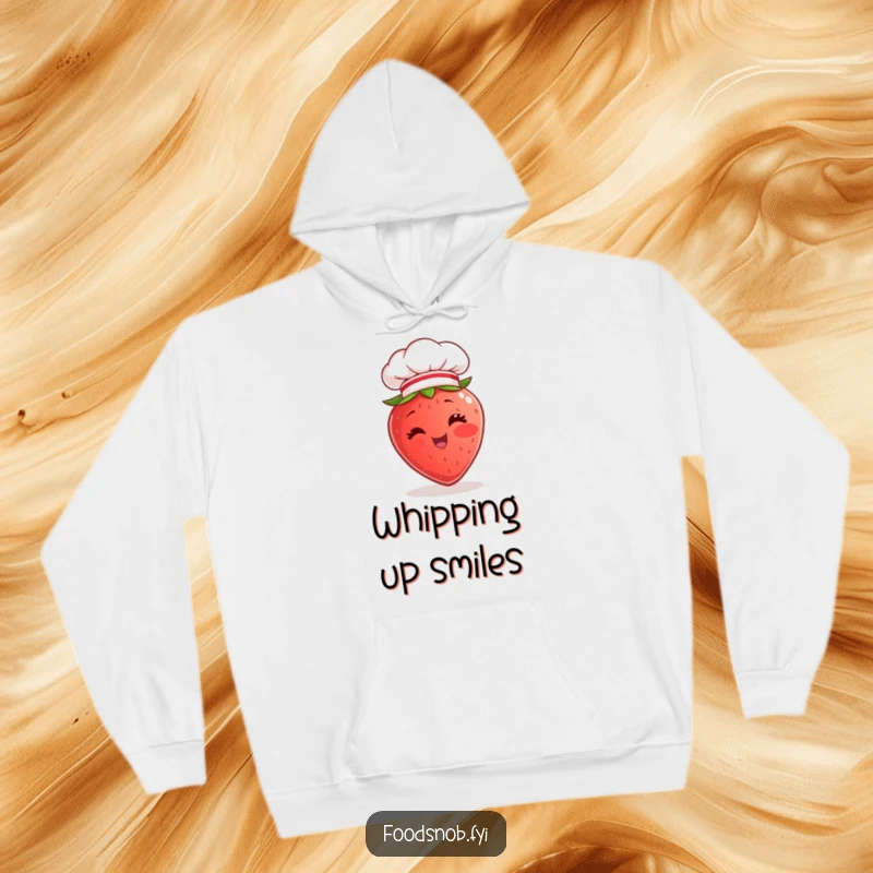 Funny Hoodie illustration of a cheerful strawberry character winking and wearing a small chef hat, embodying kitchen enthusiasm.