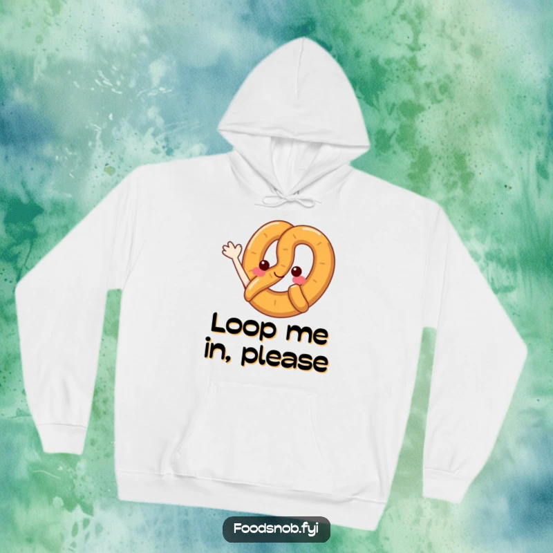 Funny pretzel hoodie featuring a delightful pretzel character in a playful loop wave, offering warmth and a humorous touch.