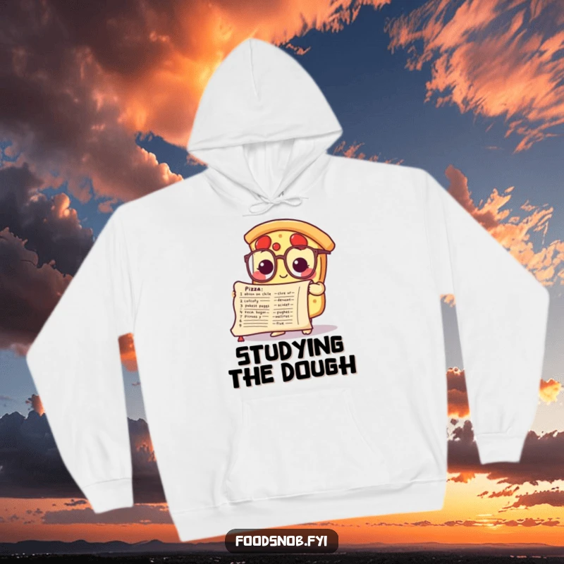 Funny hoodie showcasing a cute pizza slice character wearing small glasses, engrossed in a detailed recipe scroll.