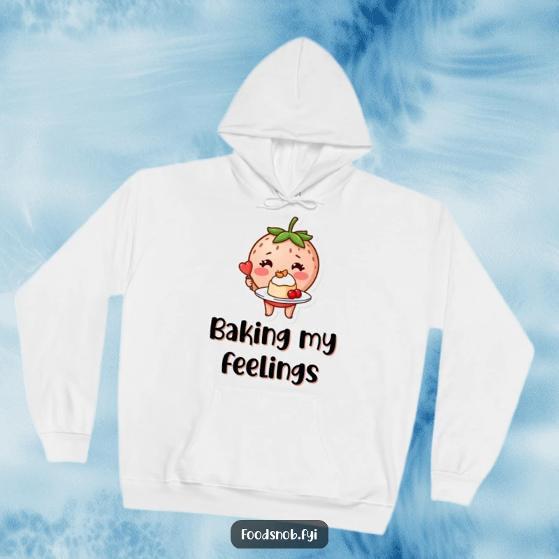 Funny blushing strawberry character proudly presenting a tiny, gourmet dessert on a cozy hoodie.
