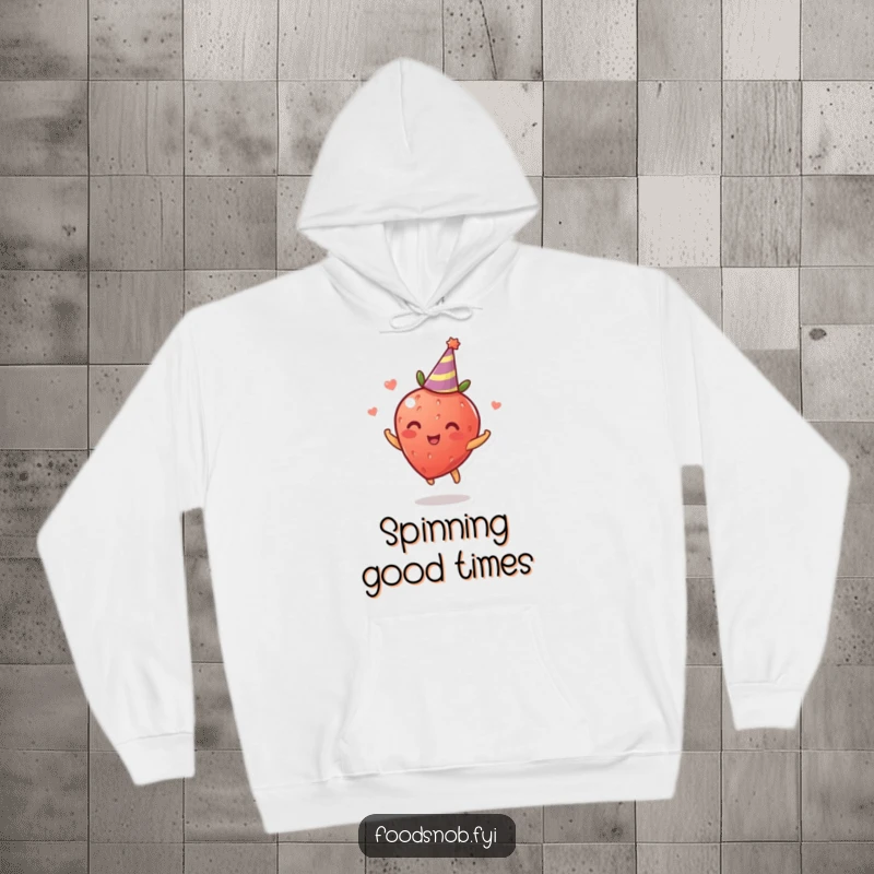 Funny Hoodie: A plush hoodie featuring a delightful strawberry spinning with a tiny party hat, radiating warmth and cheerful energy.