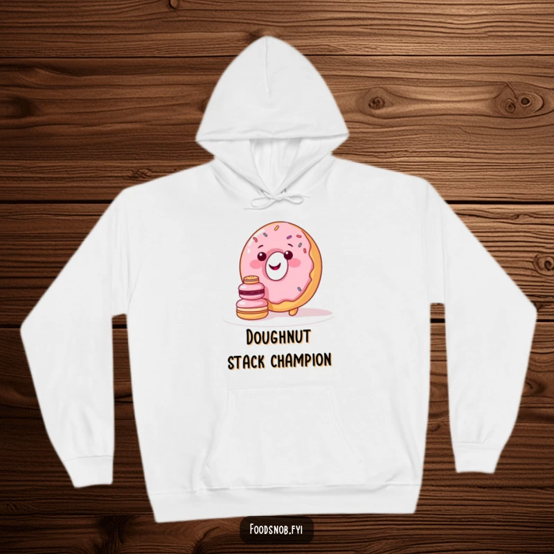 Funny hoodie showcasing a smiling donut character with sprinkles attempting to stack miniature macarons with joyful effort.