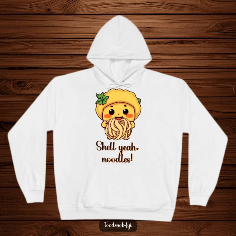 Funny taco noodle hoodie depicting a happy character slurping a giant noodle, perfect for cozy food adventures.
