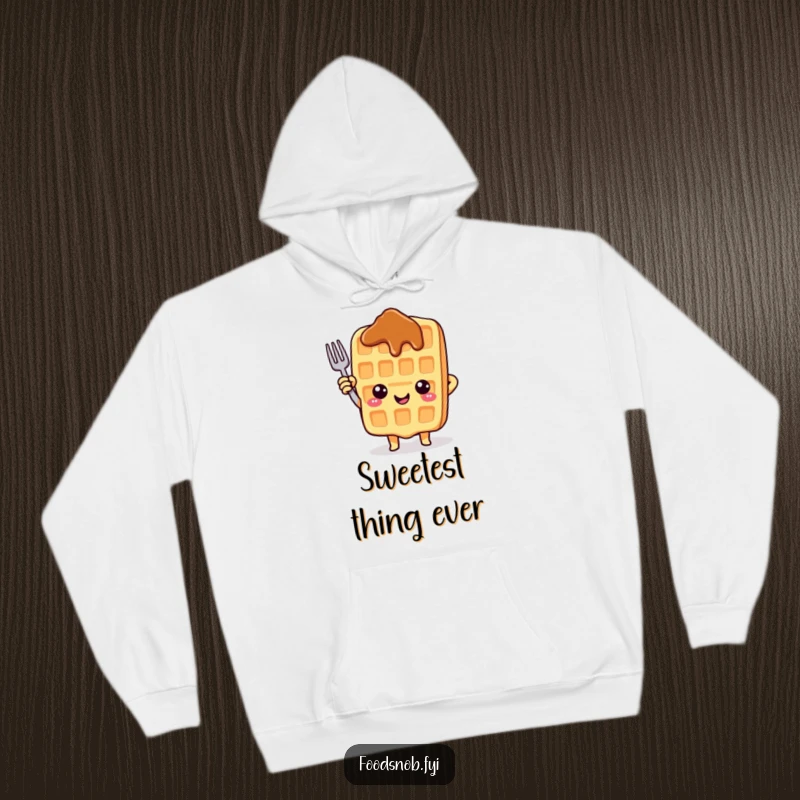 Funny hoodie featuring a smiling waffle character excitedly pointing upwards with a tiny fork, offering warmth and cheer.