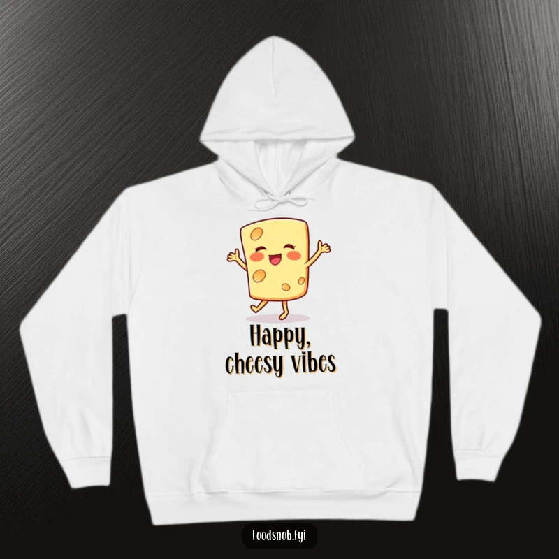 Funny hoodie showcasing a smiling cheese slice doing a happy jig, offering cozy warmth and a dash of cheesy, humorous fun.
