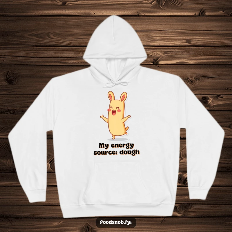 Funny thrilled baguette character hopping joyfully with a smile, offering cozy humor and carb-fueled delight on this hoodie.