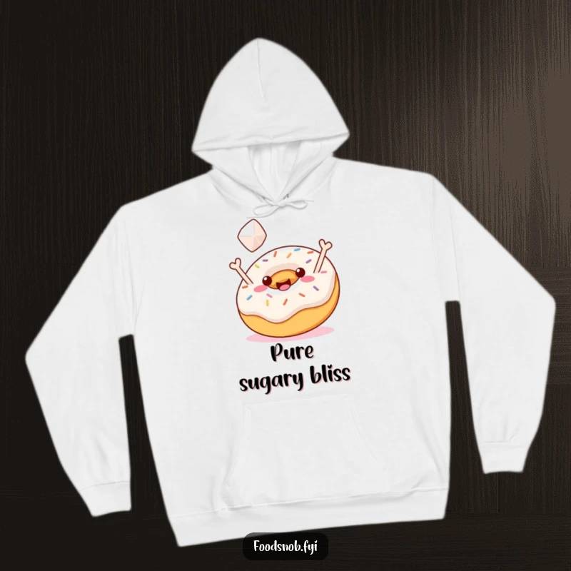 Funny Hoodie: A jubilant donut with sprinkles tossing a sugar cube, offering cozy comfort and sweet humor, perfect for a funny gift.