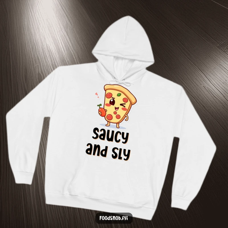 Funny hoodie with a mischievous pizza slice character winking and holding a small pepperoncini, for cozy comfort.