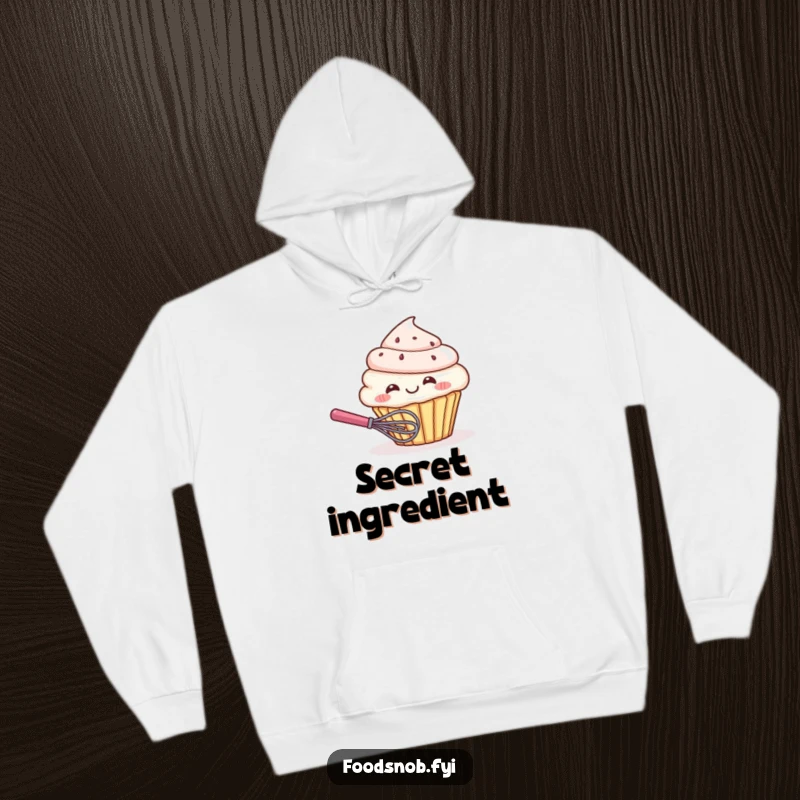 Funny hoodie featuring a giggling cupcake character playfully hiding behind a tiny whisk, radiating humorous sweetness and cozy charm.