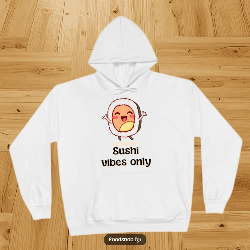 Funny hoodie, a cheerful sushi roll character doing a happy little dance, cozy and full of energy.