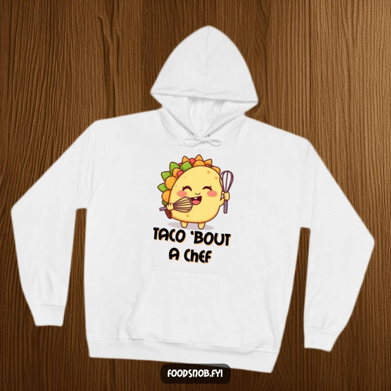 Funny hoodie, a smiling taco character winking with a tiny whisk, perfect for cozy cooking sessions.