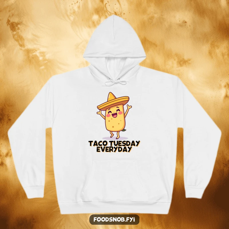 Funny joyful taco character dancing under a sombrero, bringing festive humor and cozy warmth to this hoodie.