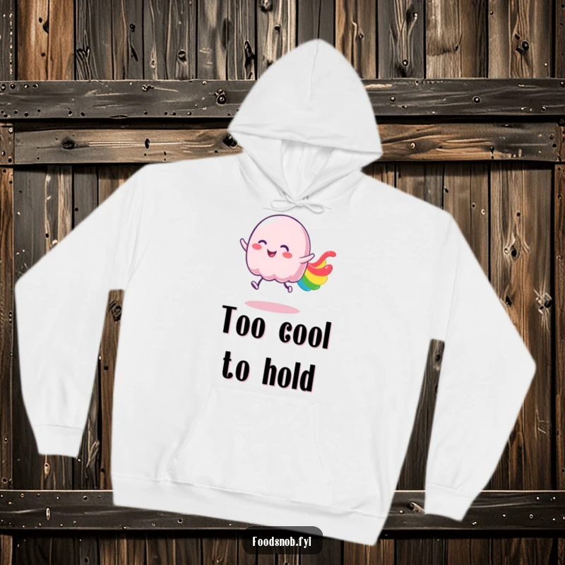 Funny jelly hoodie featuring a wobbly character bouncing with joy, leaving a bright, colorful trail for cozy fun.
