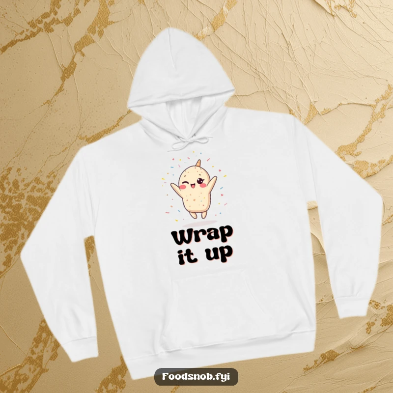 Funny Kawaii burrito hoodie, a winking burrito leaping and showering confetti, providing warmth and a humorous, festive feel.