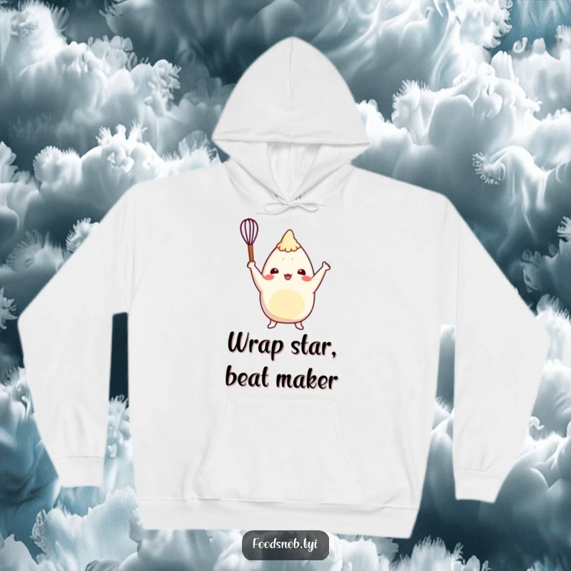 Funny burrito hoodie showing a cheerful character triumphantly raising a tiny whisk, embodying foodie passion and warmth.