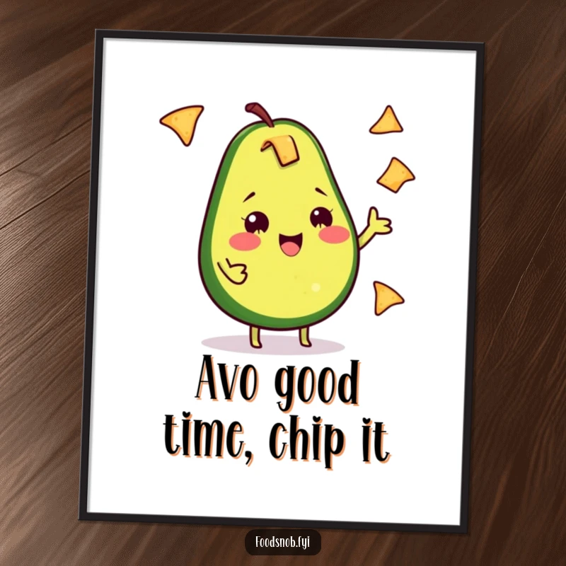 Funny Free Printable Wall Art: Cheeky avocado happily juggling tortilla chips, bringing quirky, hilarious vibes to any room, downloadable decor.