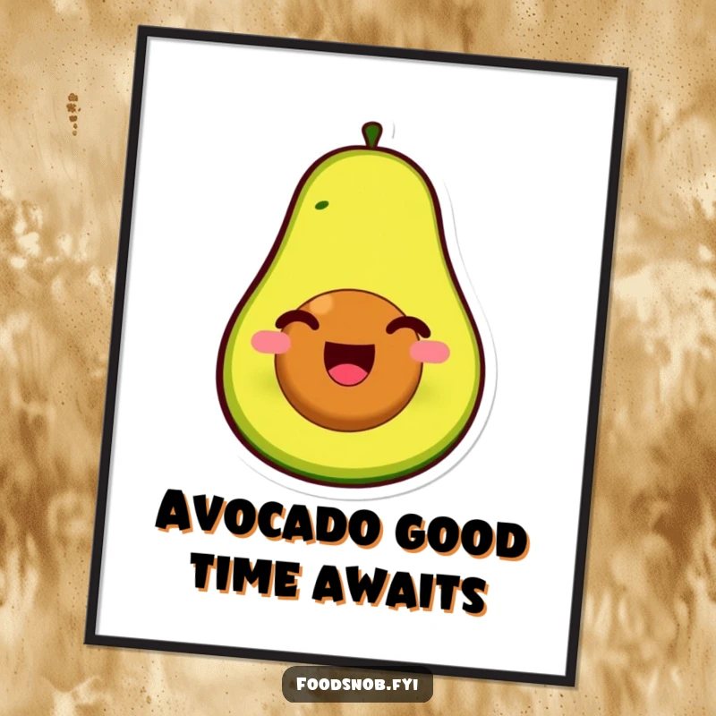 Funny Free Printable Wall Art: A smiling avocado character with a pit for a face splits open with glee, perfect for quirky decor.