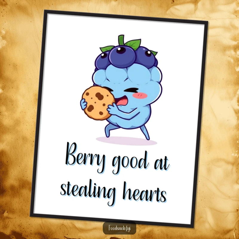 Funny free printable wall art: a mischievous blueberry character caught in the act of stealing a cookie.