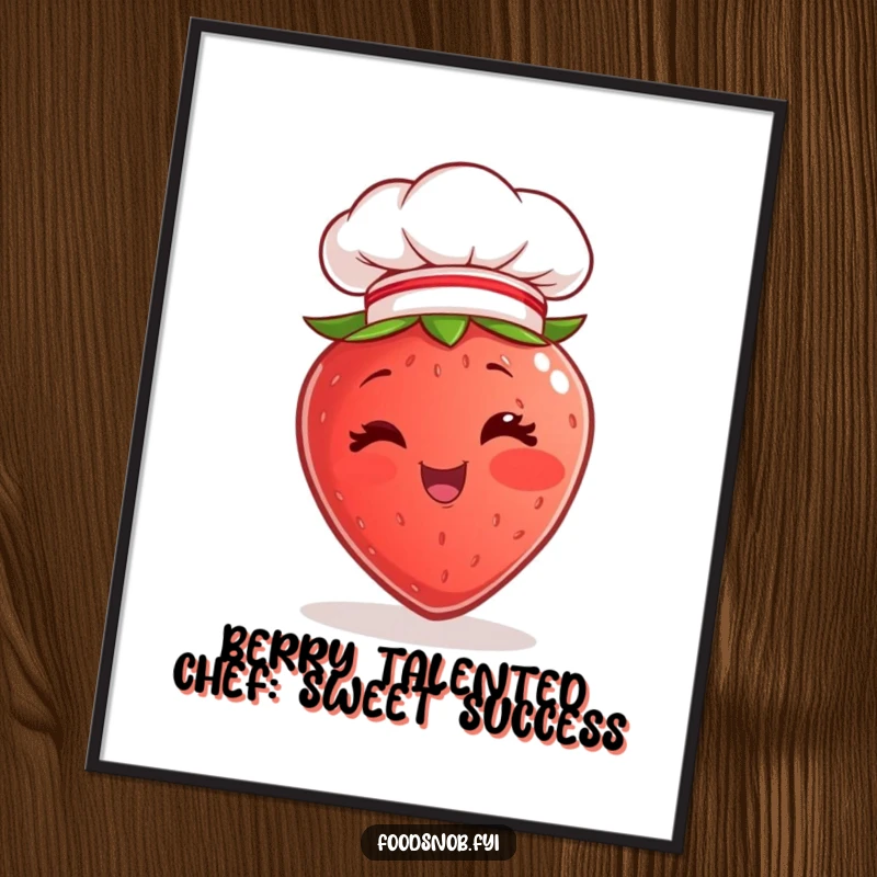 Funny Free Printable Wall Art: A cheerful strawberry character sporting a tiny chef hat gives a charming wink. A sweet, downloadable piece.