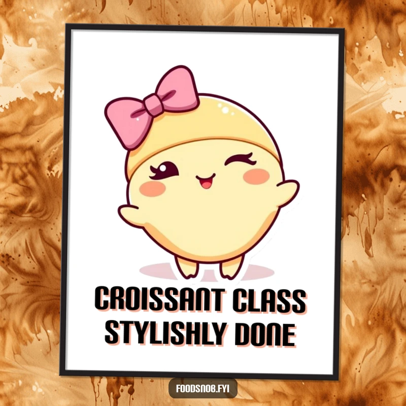 Funny Free Printable Wall Art: A winking croissant character executing a perfect, stylish bow, adding a touch of whimsical elegance.