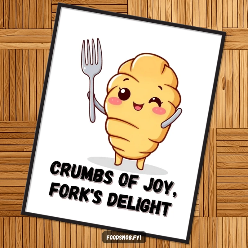 Funny Free Printable Wall Art: A cheerful croissant character proudly holding a tiny fork aloft, ready to enjoy a delicious meal.