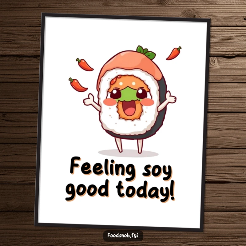 Funny Free Printable Wall Art: Cheerful sushi character hilariously juggles tiny chili peppers, a unique downloadable piece for food lovers.