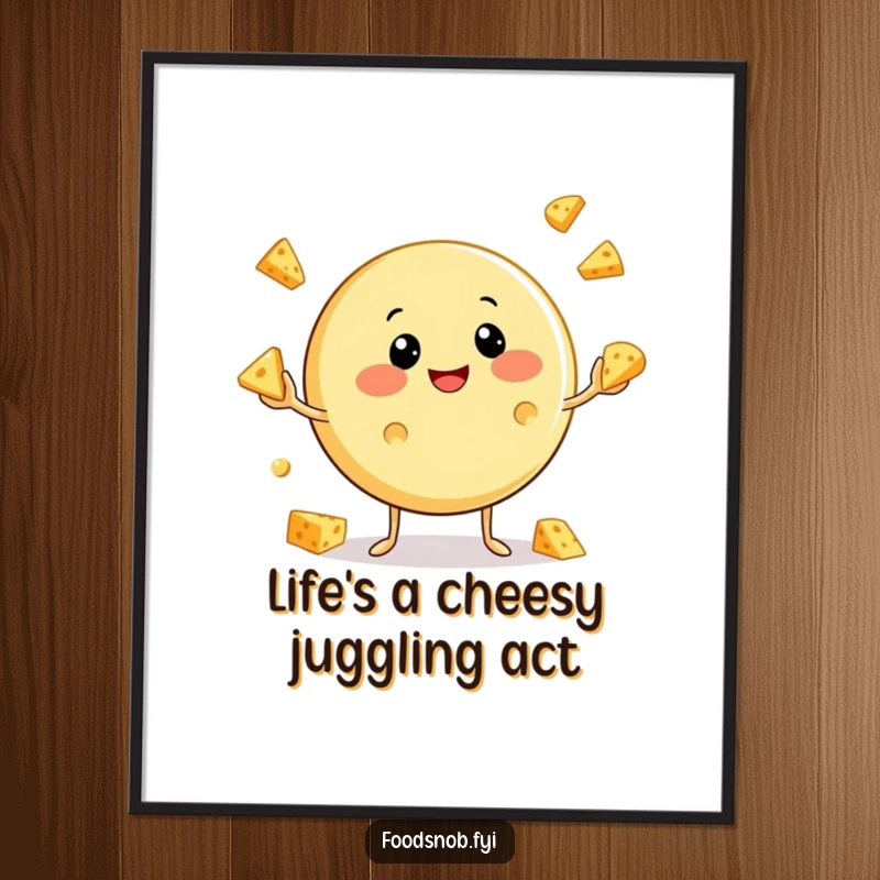Funny Free Printable Wall Art: A round cheese character happily juggling miniature cheese wedges with a contented smile.