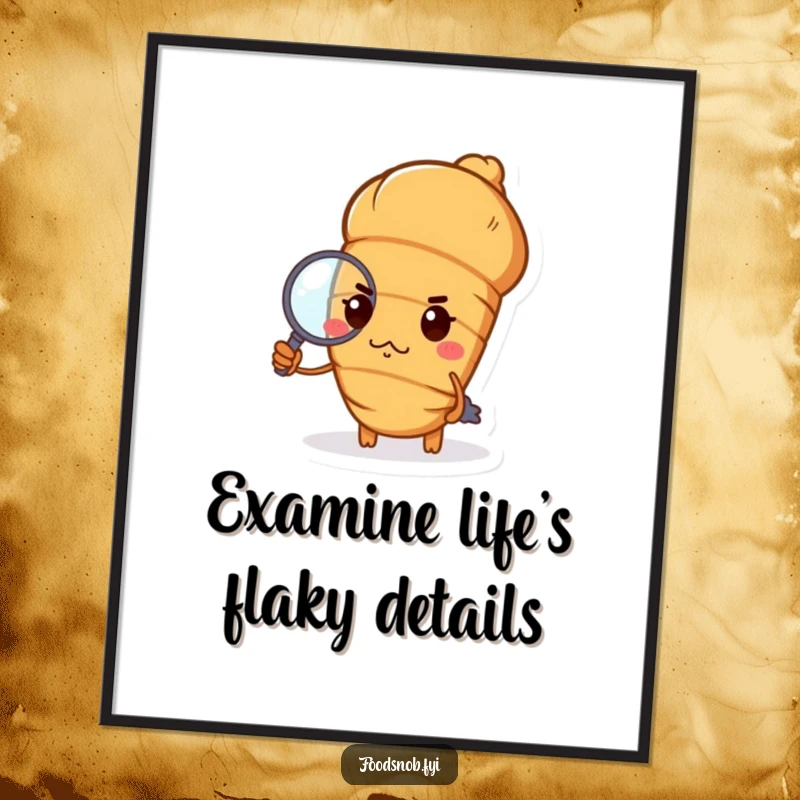 Funny Free Printable Croissant Wall Art: A haughty croissant with pursed lips examines a minuscule object.