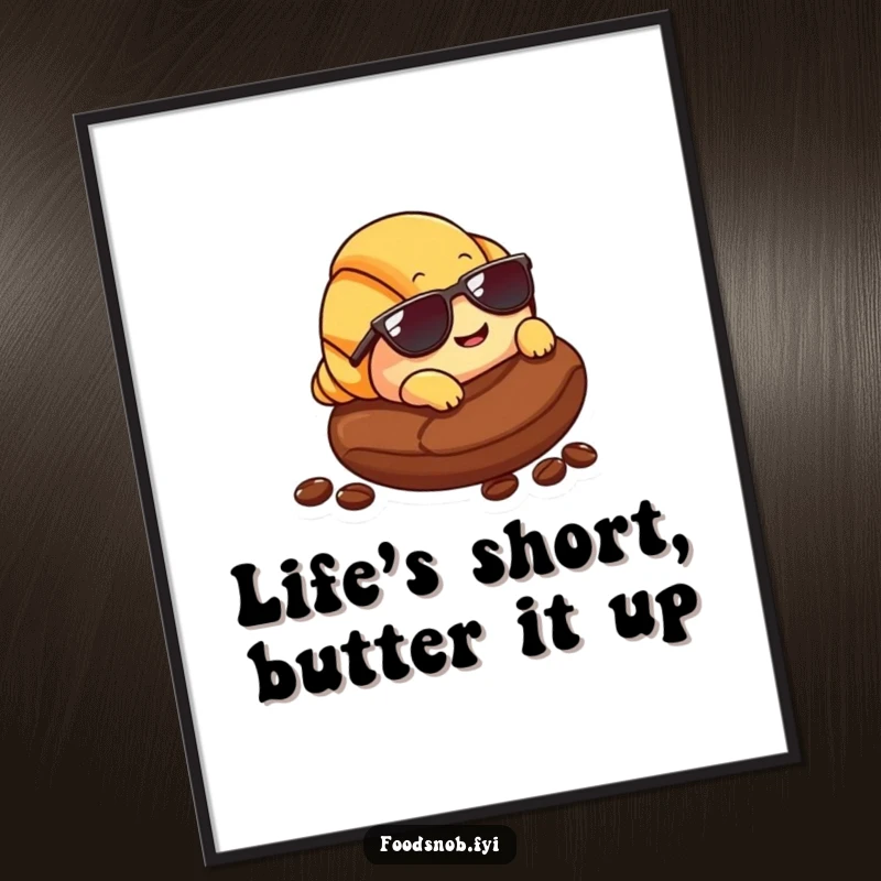 Funny Free Printable Wall Art: A smiling croissant character wearing tiny sunglasses and lounging on a coffee bean, exuding coolness.