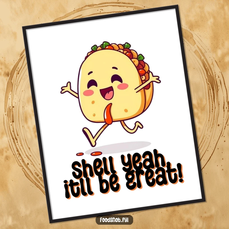 Funny Free Printable Wall Art: A happy taco character skips with salsa, a vibrant and humorous downloadable food-themed print.
