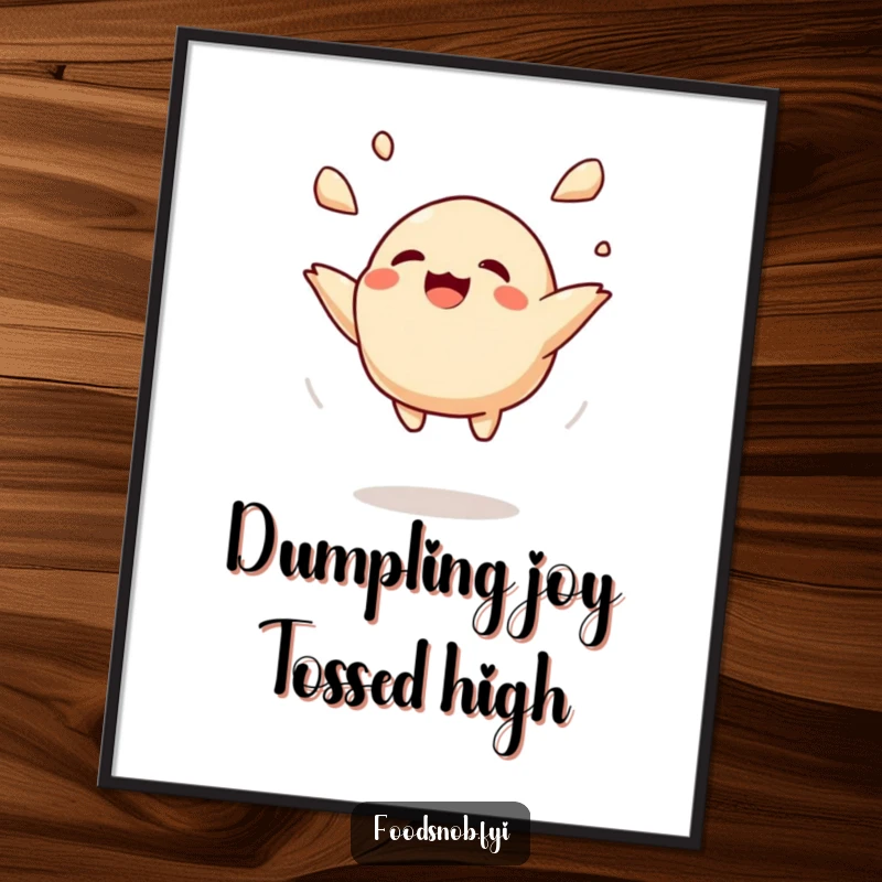 Funny Free Printable Wall Art: A giggling dumpling character playfully tossed high in the air, exuding pure joy and fun.