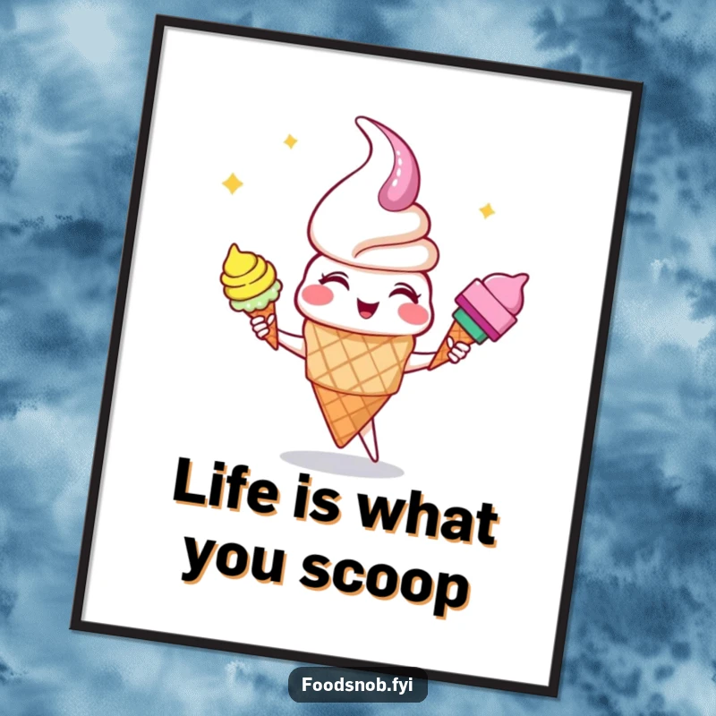 Funny Free Printable Wall Art: A giggling ice cream cone character juggling three colorful cones, a whimsical and downloadable piece for any room.